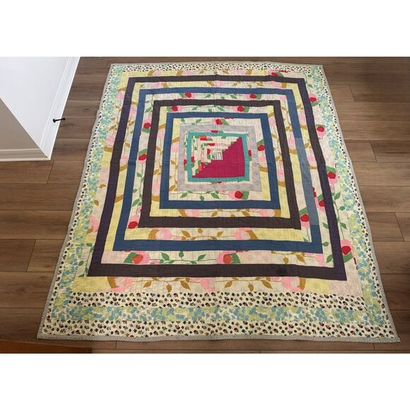 Vintage Hand Quilted Log Cabin Housetop Quilt Concentric Squares Abstract 6x7 - Picture 3 of 16